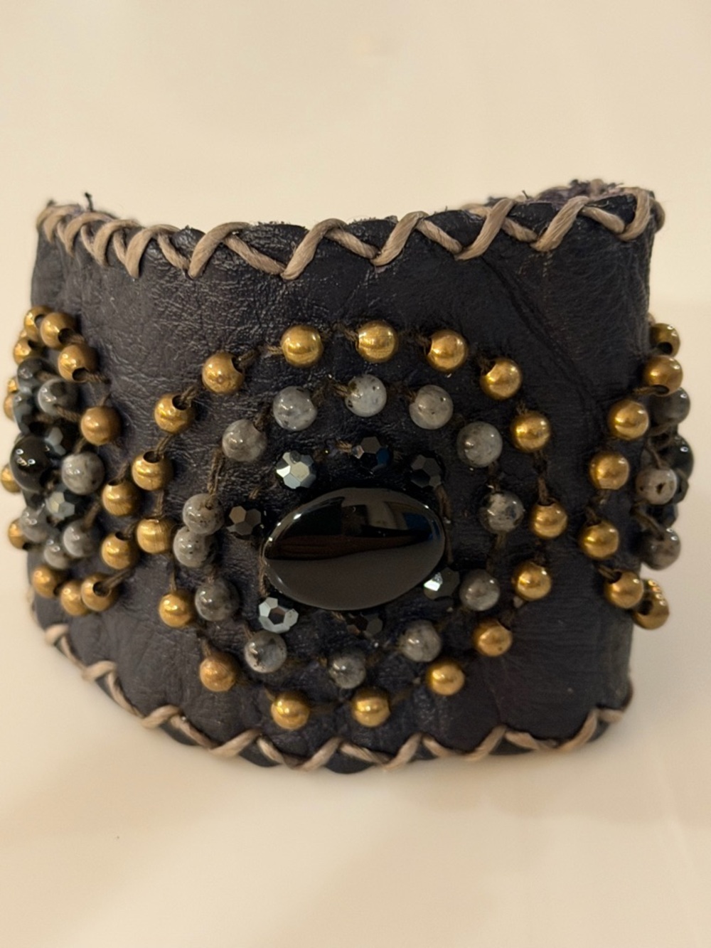 Black Handcrafted Beaded Leather Cuff Bracelet